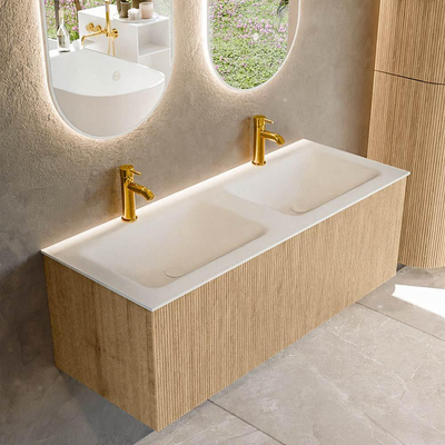 MONDIAZ KURVE 120cm badmeubel kleur Oak met 1 lade. Wastafel CLOUD dubbel 2 kraangaten Talc.