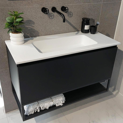 HR Badmeubelset - 100x45x40 - wastafel wit - zonder kraangat - stalen frame met inleg - mat zwart SHOWROOMMODEL
