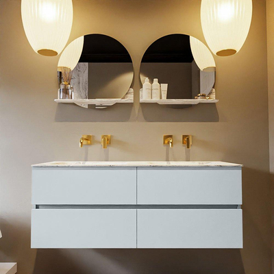 MONDIAZ VICA-DLUX Badkamermeubelset - 130cm - onderkast clay - 4 lades - inbouw wastafel cloud dubbel - zonder kraangaten - 60cm hoge versie - glace