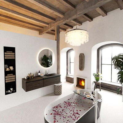 MONDIAZ BUKLA 140cm badmeubel met module 60 kleur Dark Brown met 2 lades. Wastafel CLOUD rechts 1 kraangat kleur Urban.