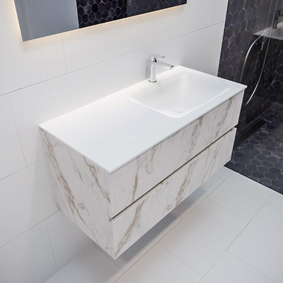 MONDIAZ VICA Badkamermeubelset - 100cm - 2 lades - wasbak Cloud rechts - 1 kraangat - solid surface carrara marmer