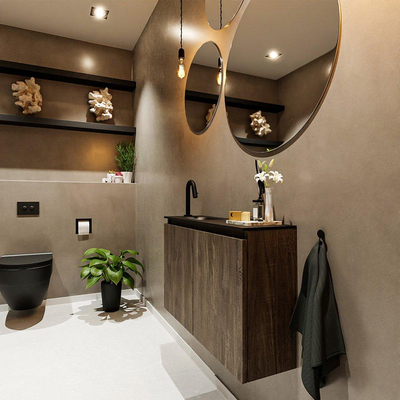 MONDIAZ TURE Fonteinset - 80x23x50cm - 1 kraangat - 2 deuren - dark brown mat - Wasbak links - Solid Surface Zwart