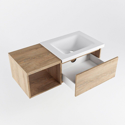 MONDIAZ BUKLA 100cm badmeubel met open module 40 kleur Washed Oak met 1 lade. Wastafel CLOUD rechts 0 kraangaten kleur Talc.