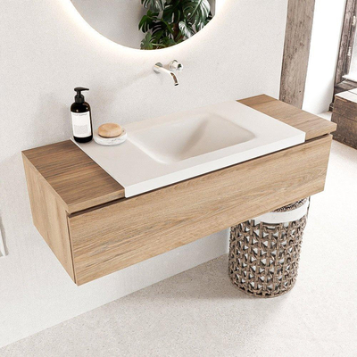 Mondiaz BUKLA Badkamermeubelset - 120x45x34cm - 0 kraangaten - wasbak midden - solid surface - Talc - greeploos - 1 lade - Melamine - Washed Oak