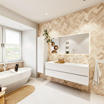 MONDIAZ VICA 150cm badmeubel onderkast Talc 2 lades. Wastafel MOON rechts zonder kraangat, kleur Talc.