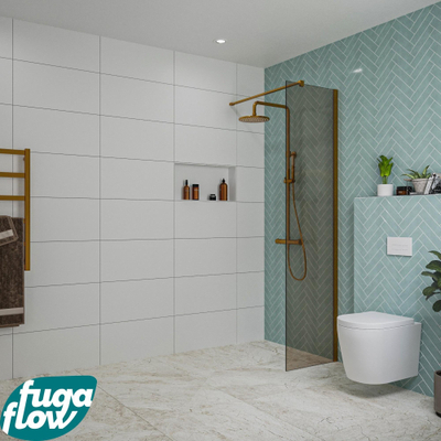 FugaFlow Eccelente Vetro inloopdouche badkamer - 50x200cm - rookglas - wandarm - geborsteld koper