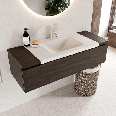 Mondiaz BUKLA Badkamermeubelset - 120x45x34cm - 1 kraangat - wasbak midden - solid surface - Talc - greeploos - 1 lade - Melamine - Dark brown