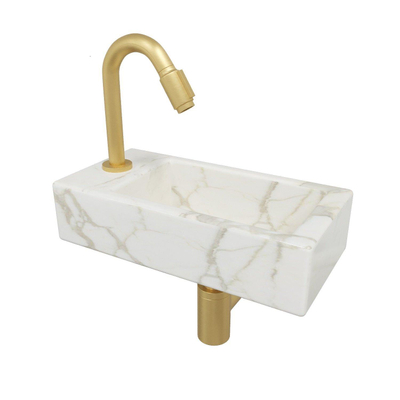 Wiesbaden Mini-Rhea Links fonteinset 36x18x9cm Carrara marmerlook wit incl. victoria luxe fonteinkraan geborsteld messing