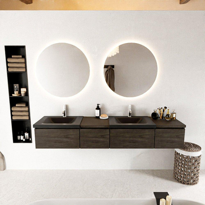 MONDIAZ BUKLA 200cm badmeubel met module 40 links kleur Dark Brown met 4 lades. Wastafel CLOUD dubbel 2 kraangaten kleur Urban.