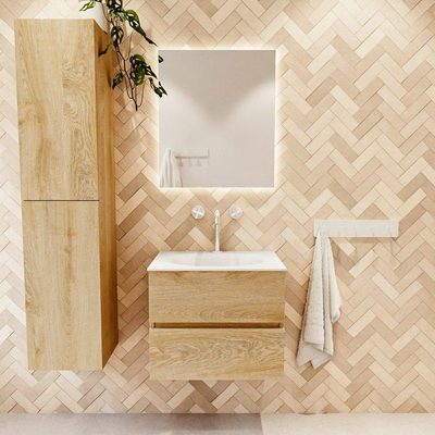 MONDIAZ VICA 60cm badmeubel onderkast Washed Oak 2 lades. Wastafel MOON midden 1 kraangat, kleur Talc.