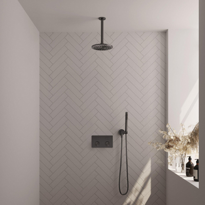 BRAUER gunmetal Carving Thermostatische Regendouche inbouw - drukknoppen - SET 53 - 20cm hoofddouche - plafondarm - staaf handdouche - doucheslang - wandaansluitbocht - gunmetal geborsteld PVD