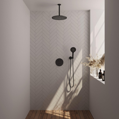 BRAUER Black Carving thermostatische Inbouw Regendouche - 3-weg - rond - set 84 - 30cm hoofddouche - plafondarm - 3-standen handdouche - doucheslang - wandaansluitbocht - mat zwart