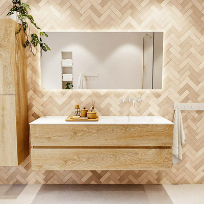 MONDIAZ VICA 150cm badmeubel onderkast Washed Oak 2 lades. Wastafel CLOUD rechts zonder kraangat, kleur Talc.