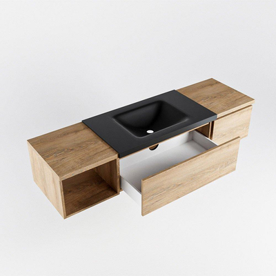 MONDIAZ BUKLA 160cm badmeubel met open module 40 links kleur Washed Oak met 2 lades. Wastafel CLOUD midden 0 kraangaten kleur Urban.