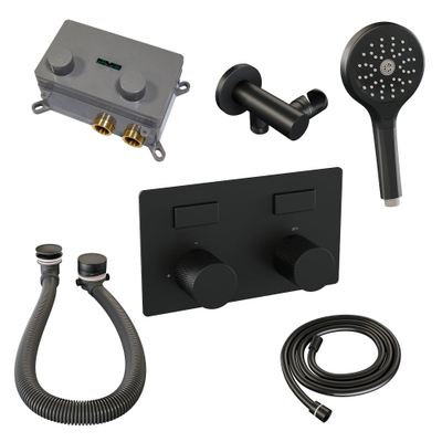 BRAUER Black Carving thermostatische inbouw badkraan - drukknoppen SET 04 - badvulcombinatie - 3 standen handdouche - doucheslang - wandaansluitbocht - zwart mat