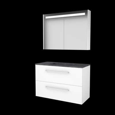 Basic-Line Premium 46 badkamermeubelset - 100x46cm - met grepen - 2 lades - hardsteen wastafel - 0 kraangaten - Spiegelkast - geintegreerde LED verlichting - MDF lak Ice White