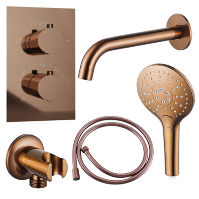 Fortifura Calvi Badkraan set - uitloop - 22cm inkortbaar - gladde slang - ronde handdouche - inbouwdeel - wandhouder - geborsteld koper PVD