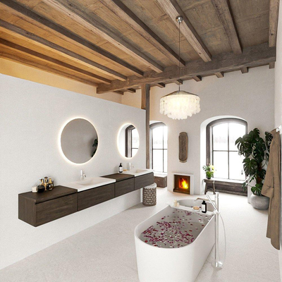 MONDIAZ BUKLA 280cm badmeubel met module 60 rechts kleur Dark Brown met 4 lades. Wastafel CLOUD dubbel 2 kraangaten kleur Talc.