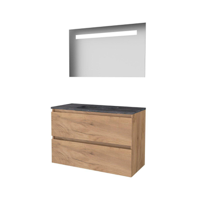 Basic-Line Economic 46 badkamermeubelset - 100x46cm - greeploos - 2 lades - hardsteen wastafel - 0 kraangaten - Spiegel - geintegreerde LED verlichting - MFC Whisky Oak