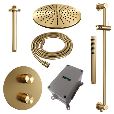 BRAUER Gold Edition thermostatische Inbouw Regendouche - 3-weg - rond - set 90 - 30cm hoofddouche - plafondarm - staaf handdouche - doucheslang - geïntegreerde glijstang - goud geborsteld PVD