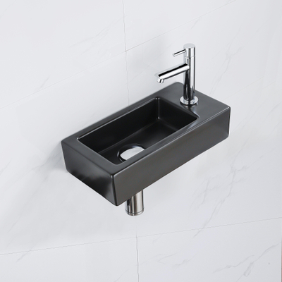 QeramiQ Fuente Fonteinset - 37.5x18.5x9cm - keramiek - kraangat rechts - fonteinkraan chroom - afvoerplug - verlaagd sifon - Mat Zwart