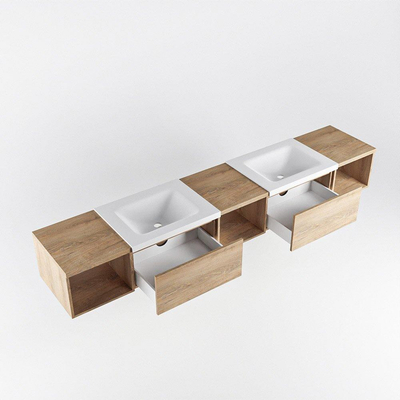 MONDIAZ BUKLA 240cm badmeubel met open module 40 L+M+R kleur Washed Oak met 2 lades. Wastafel CLOUD dubbel 0 kraangaten kleur Talc.