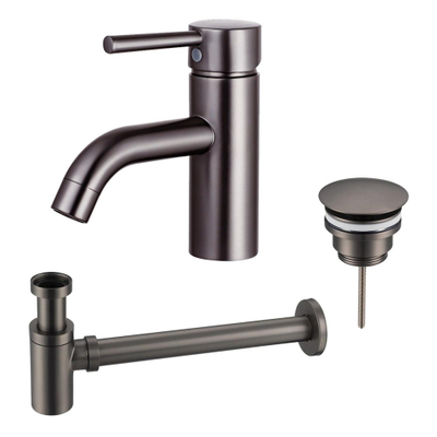 FugaFlow Eccelente Sobrado Badkamer Wastafelkraanset - lage wastafelkraan - always open plug - verlaagde design sifon - PVD Gepolijst Gunmetal