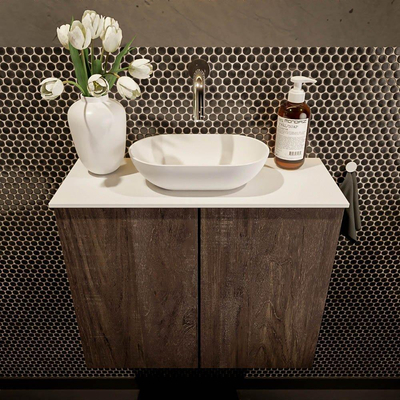 Mondiaz Fowy Toiletmeubel - 60x50x23cm - dark brown mat - 0 kraangaten - wasbak midden - 2 deuren - solid surface - blad Melamine - wasbak: wit