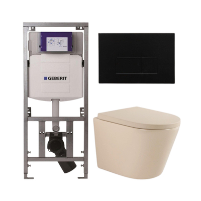 QeramiQ Dely Toiletset - 36.3x51.7cm - diepspoel - rimless - Geberit UP320 inbouwreservoir - softclose toilet zitting 35 mm - kunstof mat zwarte bedieningsplaat - rechthoekige knoppen - mat beige