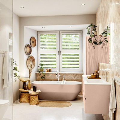 MONDIAZ VICA Badkamermeubelset - 150cm - onderkast rosee - 4 lades - wastafel cloud rechts - 1 kraangat - 60cm hoge versie - talc