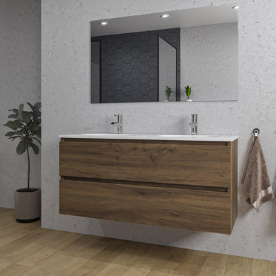 Adema Chaci Badkamermeubelset - 120x46x57cm - 2 ovale keramische wasbakken wit - 2 kraangaten - 2 lades - rechthoekige spiegel - noten (hout)