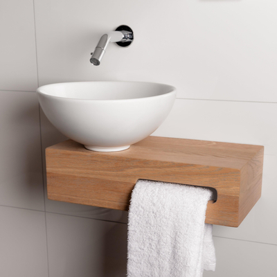 Wiesbaden Oak houten toiletset compleet met Hotbath inbouwkraan, Wiesbaden waskom links, houten blad, sifon en afvoerplug chroom