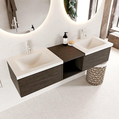 MONDIAZ BUKLA 160cm badmeubel met open module 40 kleur Dark Brown met 2 lades. Wastafel CLOUD dubbel 2 kraangaten kleur Talc.
