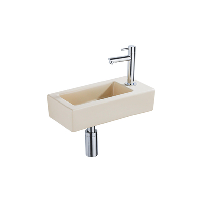 QeramiQ Fuente Fonteinset - 37.5x18.5x9cm - keramiek - kraangat rechts - fonteinkraan chroom - afvoerplug - verlaagd sifon - Mat Beige