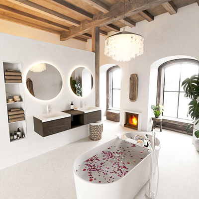 MONDIAZ BUKLA 160cm badmeubel met open module 40 kleur Dark Brown met 2 lades. Wastafel CLOUD dubbel 2 kraangaten kleur Talc.