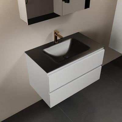 Mondiaz Aivy badmeubelset - 80x45x50cm - 1 kraangat - 1 wasbak urban Solid surface - Midden - 2 lades - Met spiegelkast - MDF Talc