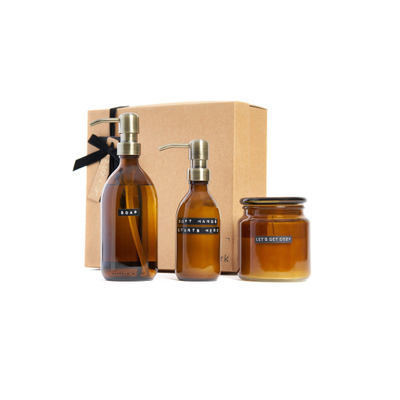 Wellmark Giftbox Handverzorging 3-delig met kaars Bruin Glas Messing pomp