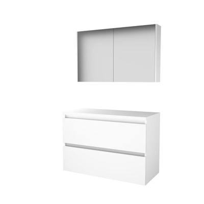 Basic-Line Comfort 46 badkamermeubelset - 100x46cm - greeploos - 2 lades - wastafelblad - Spiegelkast - MDF lak Ice White