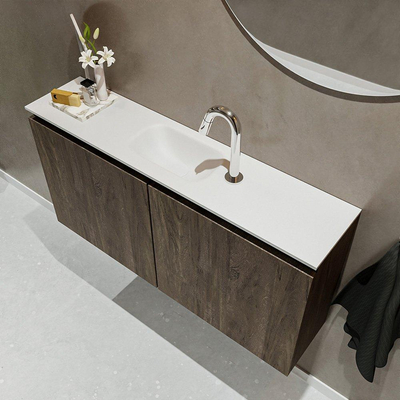 MONDIAZ TURE Fonteinset - 100x23x50cm - 1 kraangat - 2 deuren - dark brown mat - Wasbak midden - Solid Surface Wit