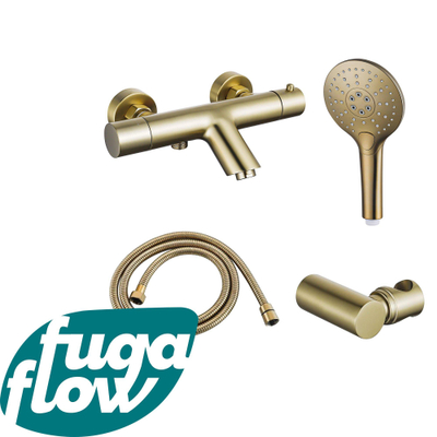 FugaFlow Eccelente Sobrado Badkamer Thermostatische badkraan met ronde handdouche, handdouchehouder en metalen doucheslang Geborsteld Messing PVD