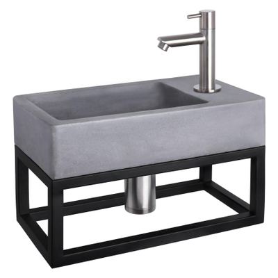 Differnz Force fonteinset - 40x22x8cm - Rechthoek - 1 kraangat - Recht matte chromen kraan - met zwart frame - Beton Grijs