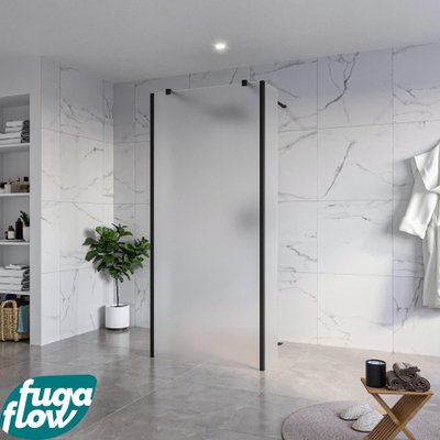 FugaFlow Eccelente Vetro Vrijstaande inloopdouche badkamer - 90x200cm - Glas mat - antikalk - 8mm veiligheidsglas - 2 zijwanden 30cm - met wandarmen en hoekprofielen - Zwart mat -