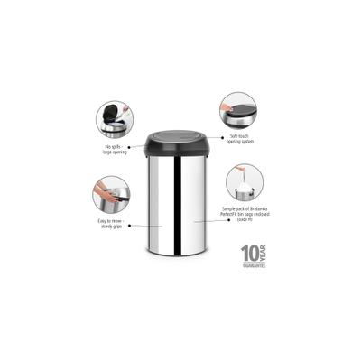 Brabantia Touch Bin Afvalemmer - 60 liter - brilliant steel/matt black