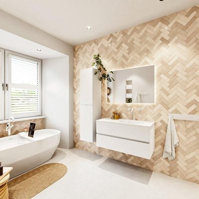 MONDIAZ VICA 100cm badmeubel onderkast Talc 2 lades. Wastafel MOON rechts 1 kraangat, kleur Talc.