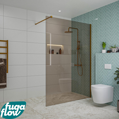 FugaFlow Eccelente Vetro inloopdouche badkamer - 140x200cm - rookglas - wandarm - geborsteld koper