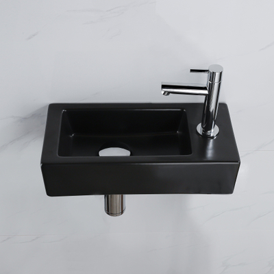 QeramiQ Fuente Fonteinset - 37.5x18.5x9cm - keramiek - kraangat rechts - fonteinkraan chroom - afvoerplug - verlaagd sifon - Mat Zwart