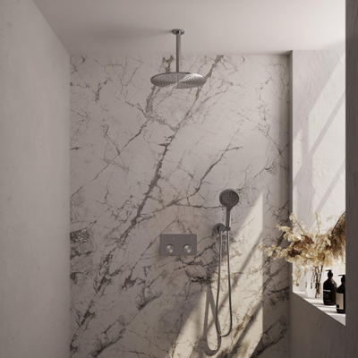 BRAUER Brushed Carving Thermostatische Regendouche inbouw - drukknoppen - SET 60 - 30cm hoofddouche - plafondarm - 3 standen handdouche - doucheslang - wandaansluitbocht - RVS geborsteld PVD