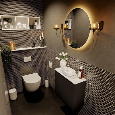 Mondiaz Fowy Toiletmeubel - 60x50x23cm - urban mat - 0 kraangaten - wasbak midden - 2 deuren - solid surface - blad MDF - wasbak: wit