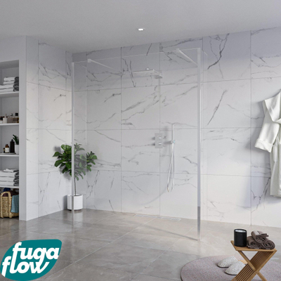FugaFlow Eccelente Vetro Vrijstaande inloopdouche badkamer - 160x200cm - Helder - antikalk - 8mm veiligheidsglas - 2 zijwanden 30cm - met wandarmen en hoekprofielen - Chroom -