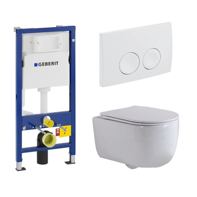 QeramiQ Dely Swirl Toiletset - 36.5x53cm - Geberit UP100 inbouwreservoir - slim zitting - witte bedieningsplaat - ronde knoppen - glans wit